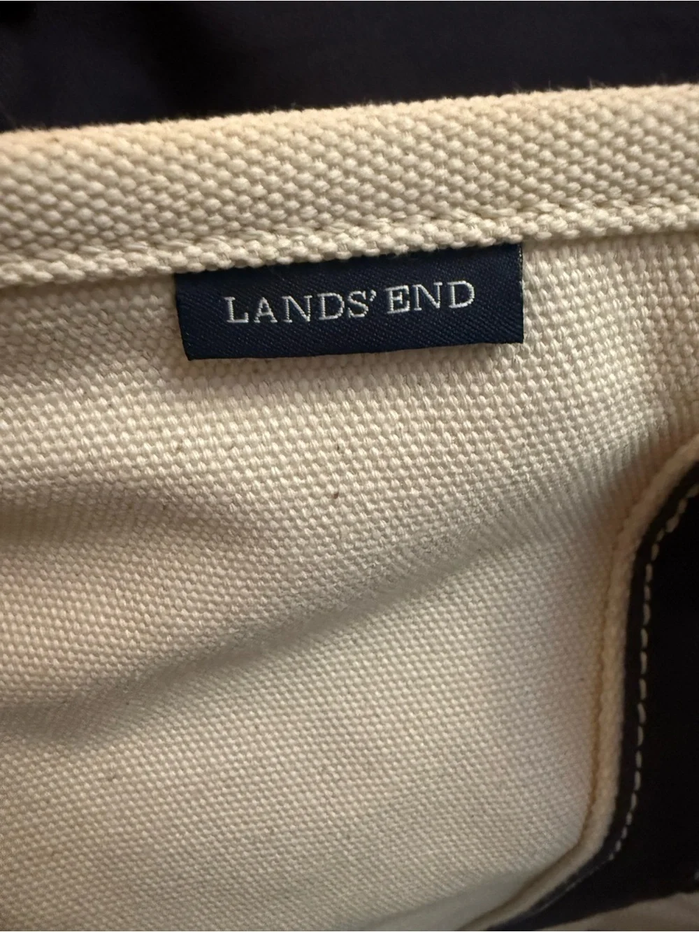 Large Lands' End Canvas Tote in Cream and Navy with Sunrise Logo